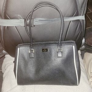 Kate Spade Black Pebbled Leather with White Trim & Stripped Lining Shoulder Bag